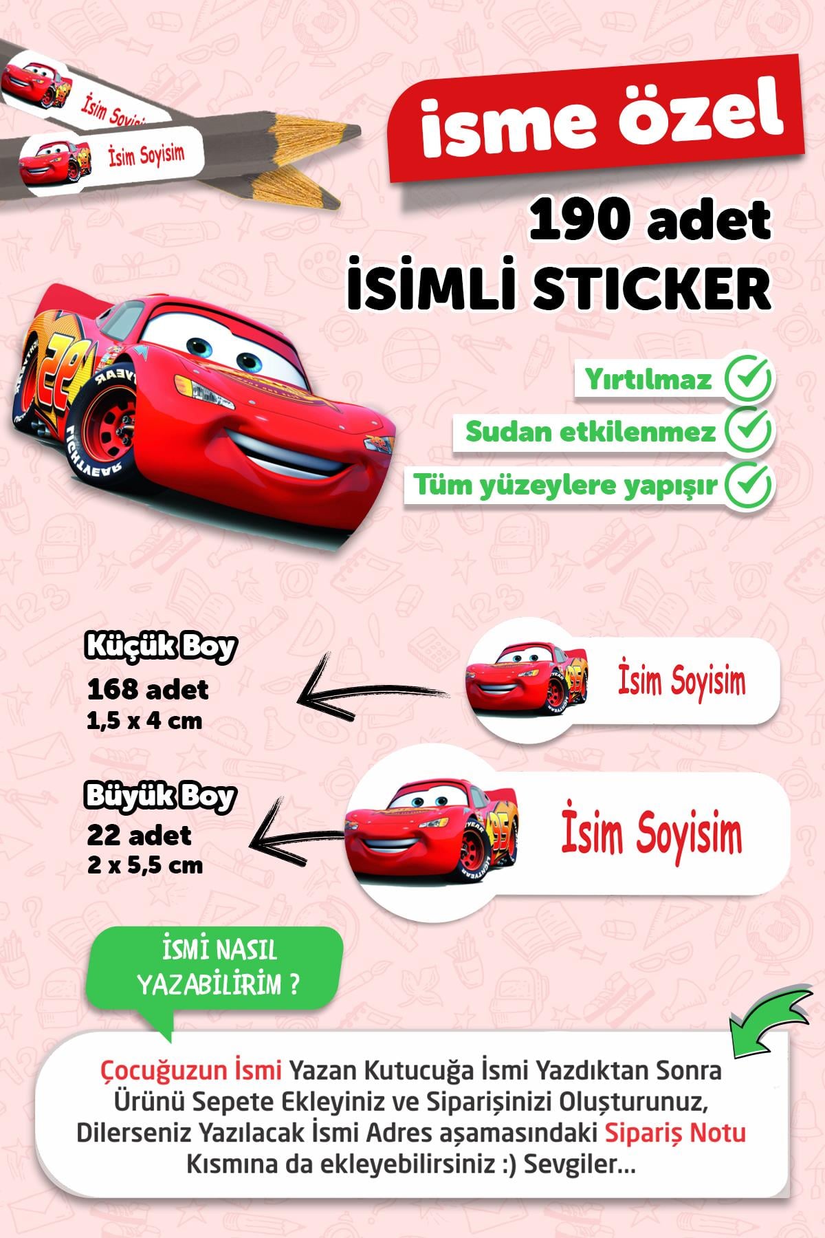 Okul Etiketi Kalem Defter Etiketi Cars Özel Isim Yazılabilen Etiket 190 Adet