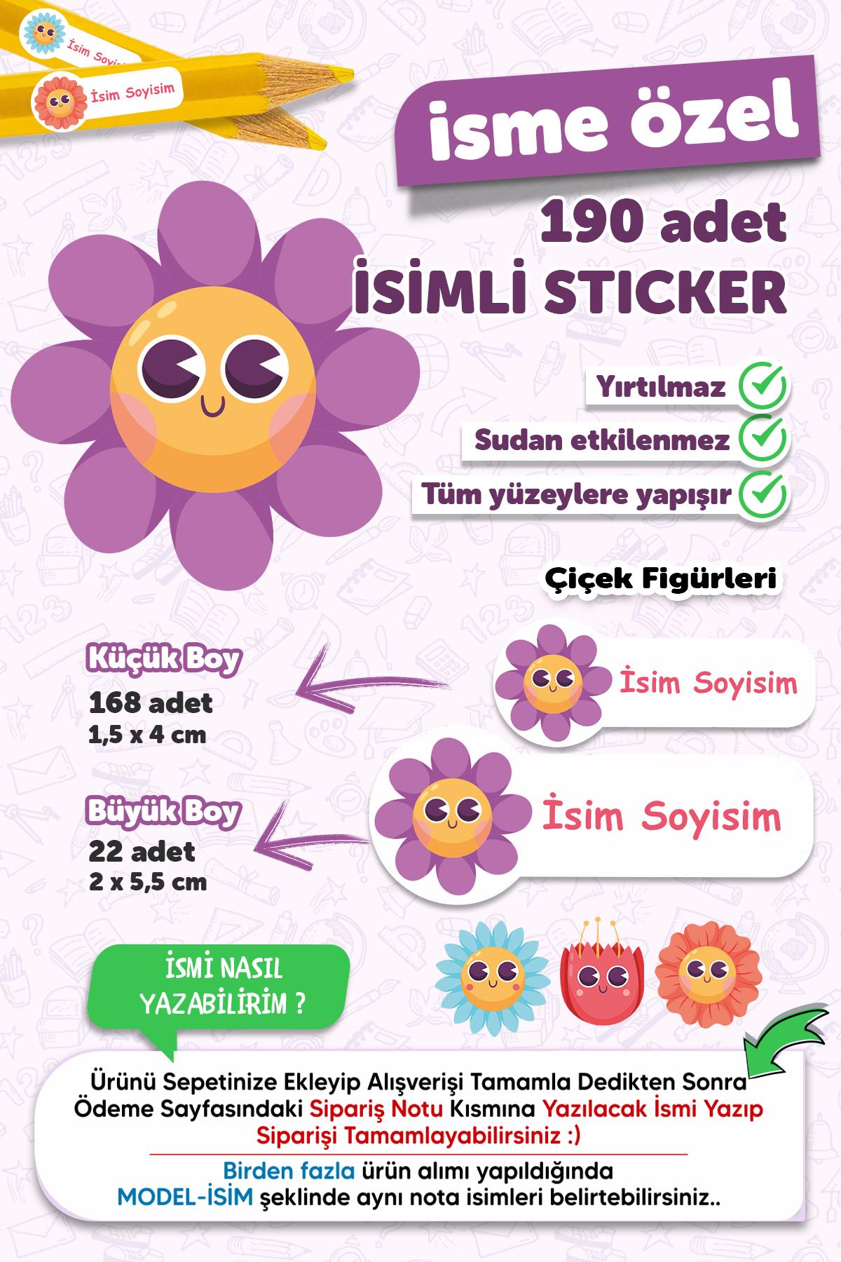 Okul Etiketi Kalem Defter Etiketi Çiçekler Temalı Özel Isim Yazılabilen Etiket - 190 Adet