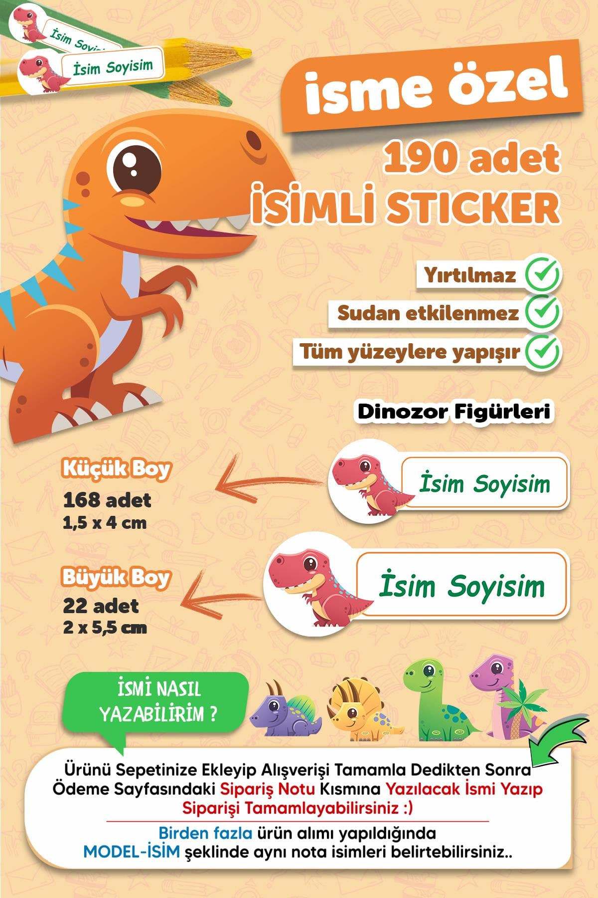 Okul Etiketi Kalem Defter Etiketi Dinazor Özel Isim Yazılabilen Etiket - 190 Adet