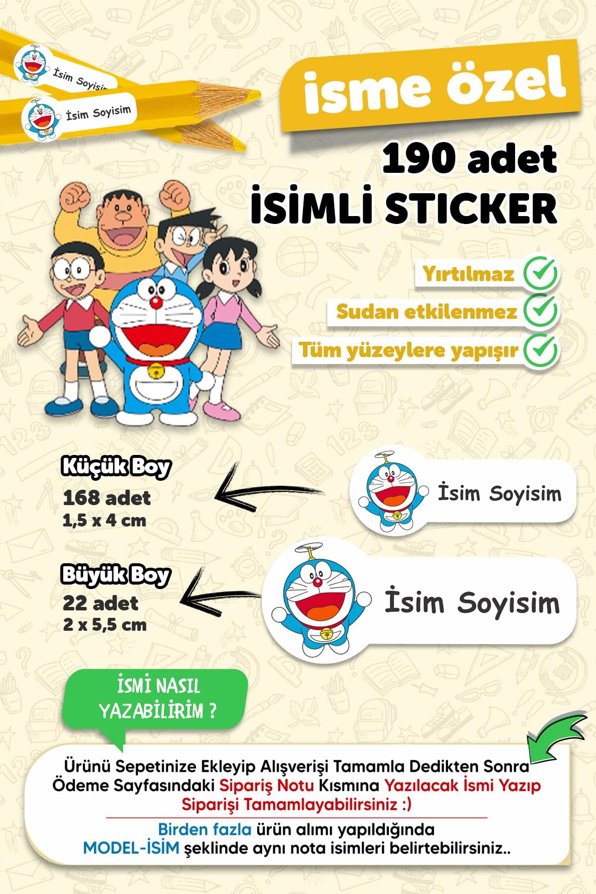 Okul Etiketi Kalem Defter Etiketi Doraemon Temalı Özel Isim Yazılabilen Etiket - 190 Adet