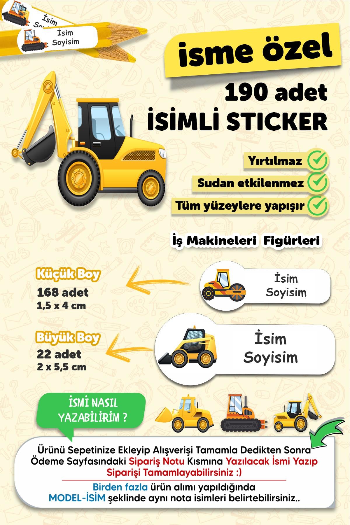 Okul Etiketi Kalem Defter Etiketi İş Makinaları Özel Isim Yazılabilen Etiket - 190 Adet