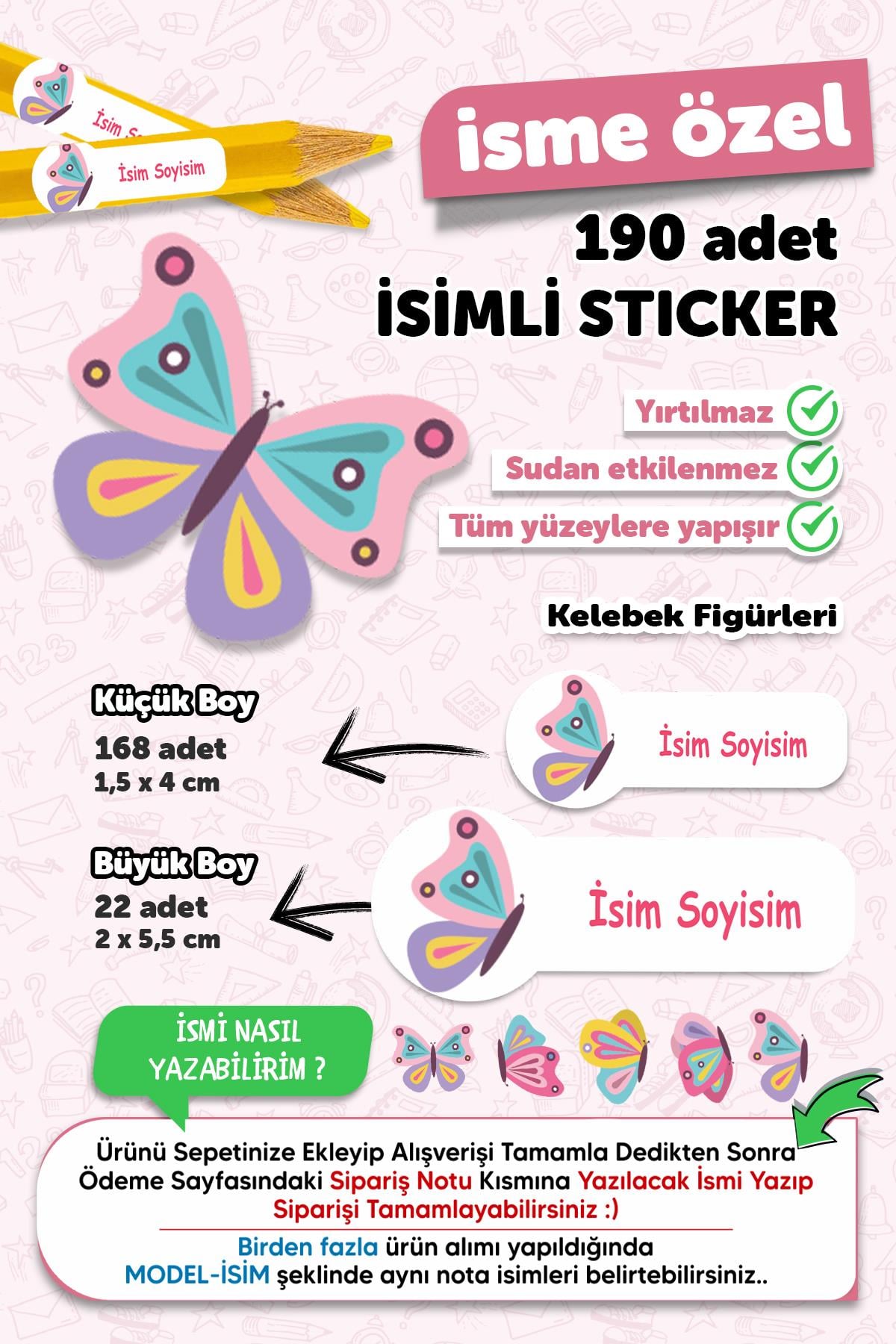 Okul Etiketi Kalem Defter Etiketi Kelebek Temalı Özel Isim Yazılabilen Etiket - 190 Adet