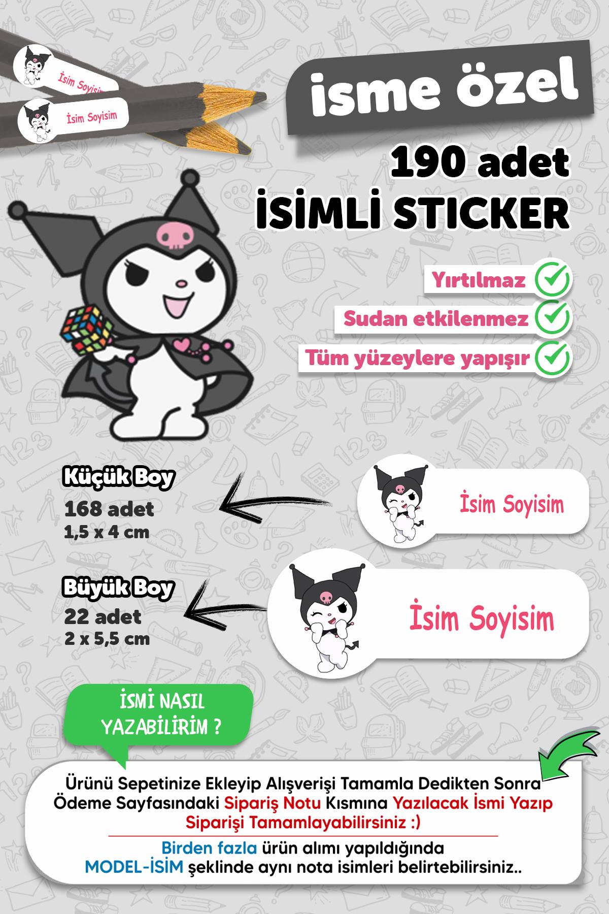 Okul Etiketi Kalem Defter Etiketi Kuromi Temalı Özel Isim Yazılabilen Etiket - 190 Adet