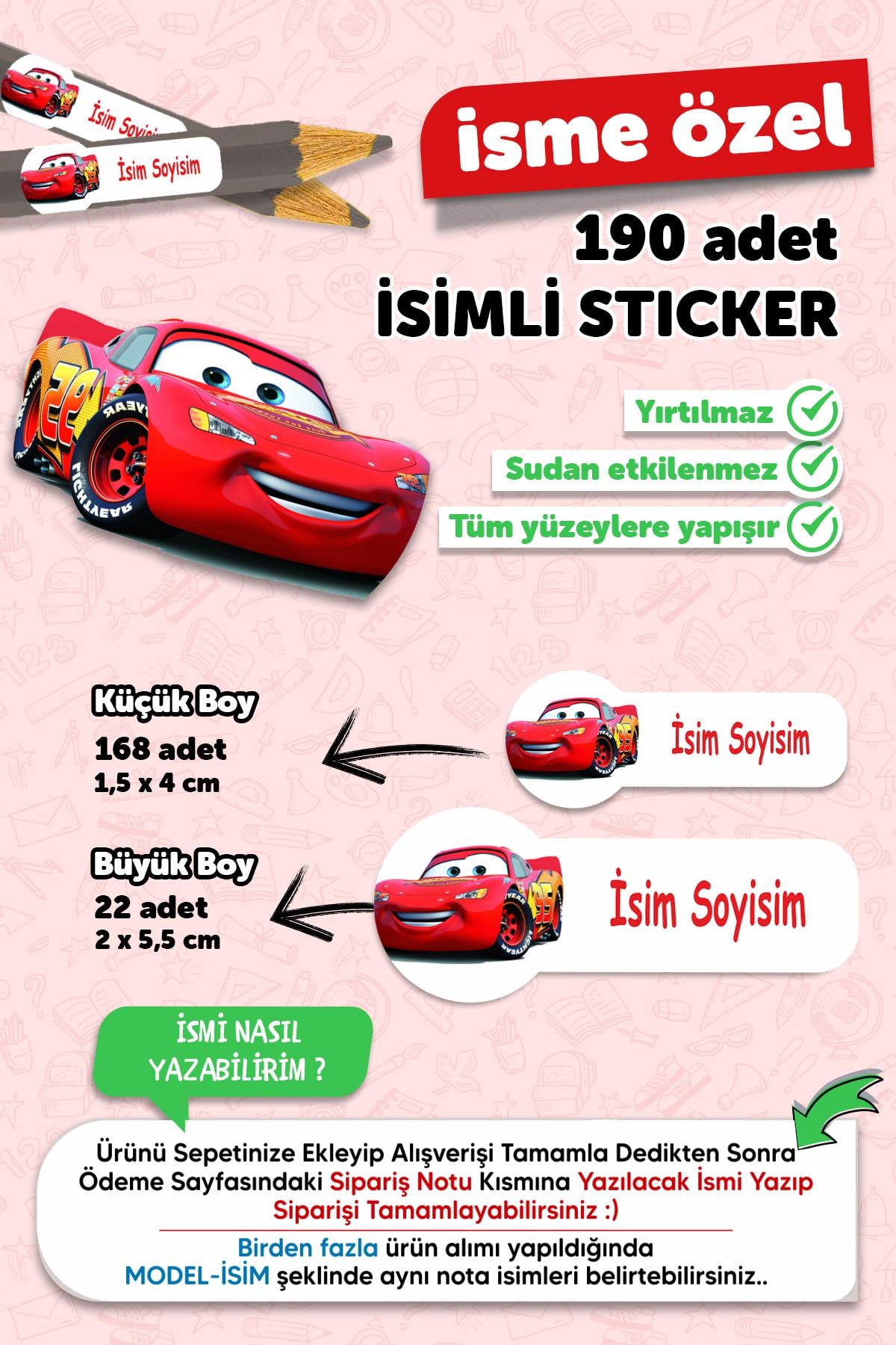 Okul Etiketi Kalem Defter Etiketi Özel Isim Yazılabilen Etiket Cars 190 Adet