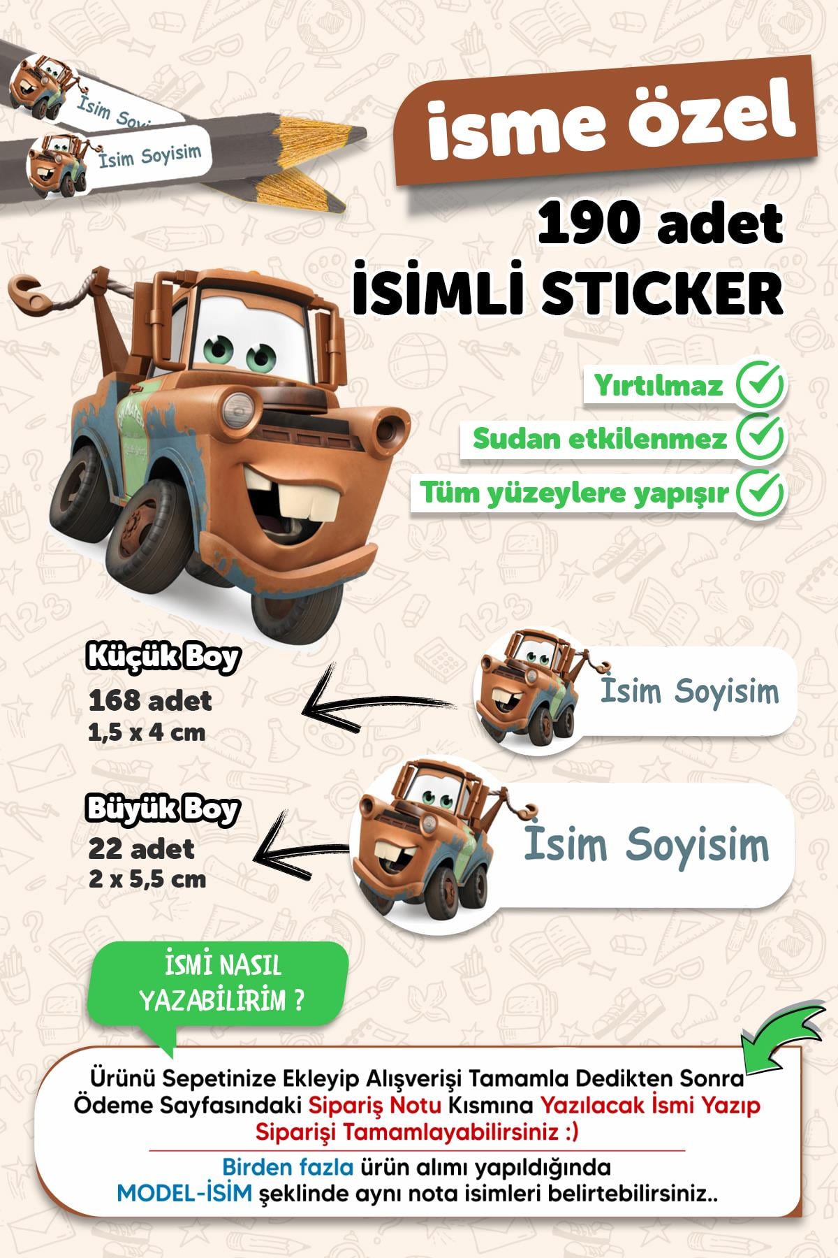 Okul Etiketi Kalem Defter Etiketi Özel Isim Yazılabilen Cars Etiket 190 Adet