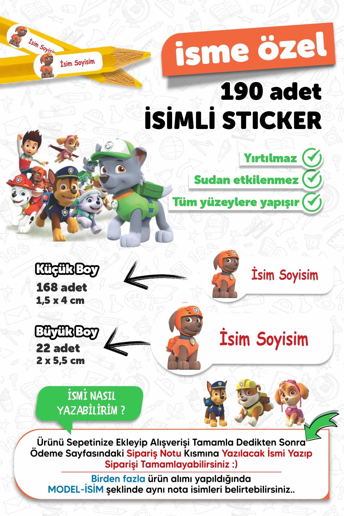 Okul Etiketi Kalem Defter Etiketi Paw Patrol Temalı Isim Yazılabilen Etiket - 190 Adet
