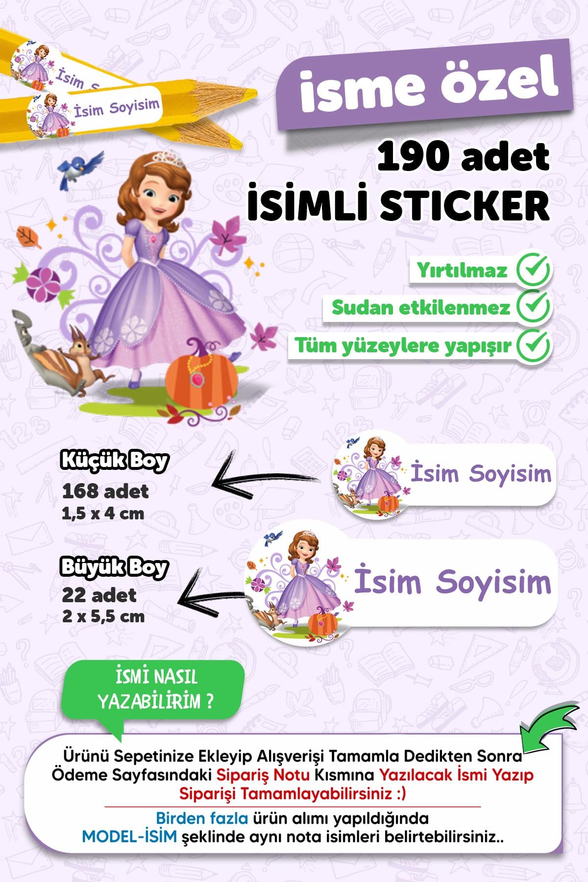 Okul Etiketi Kalem Defter Etiketi Prenses Sofia Temalı Isim Yazılabilen Etiket - 190 Adet