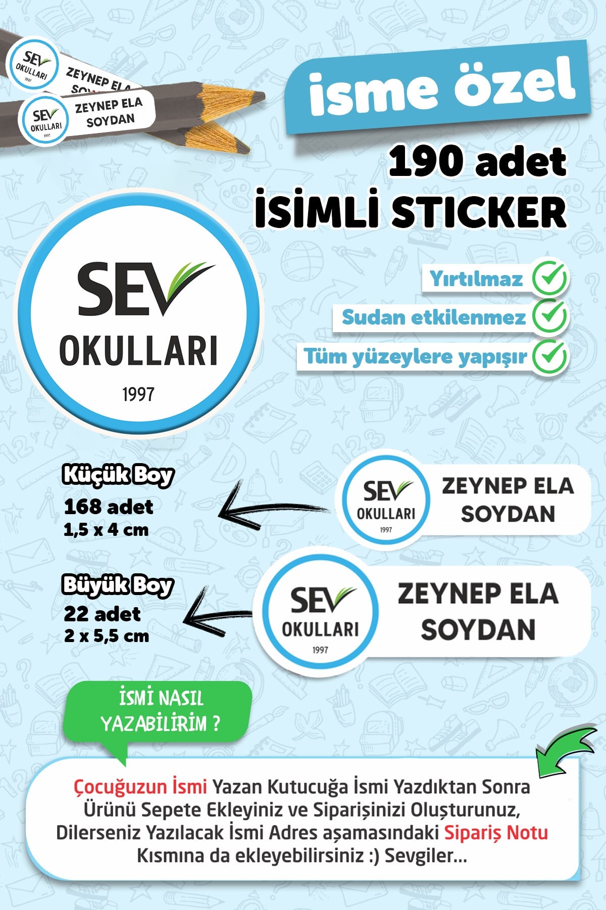 Okul Etiketi Kalem Defter Etiketi Sev Okulları Özel Isim Yazılabilen Etiket - 190 Adet Sev Okulu