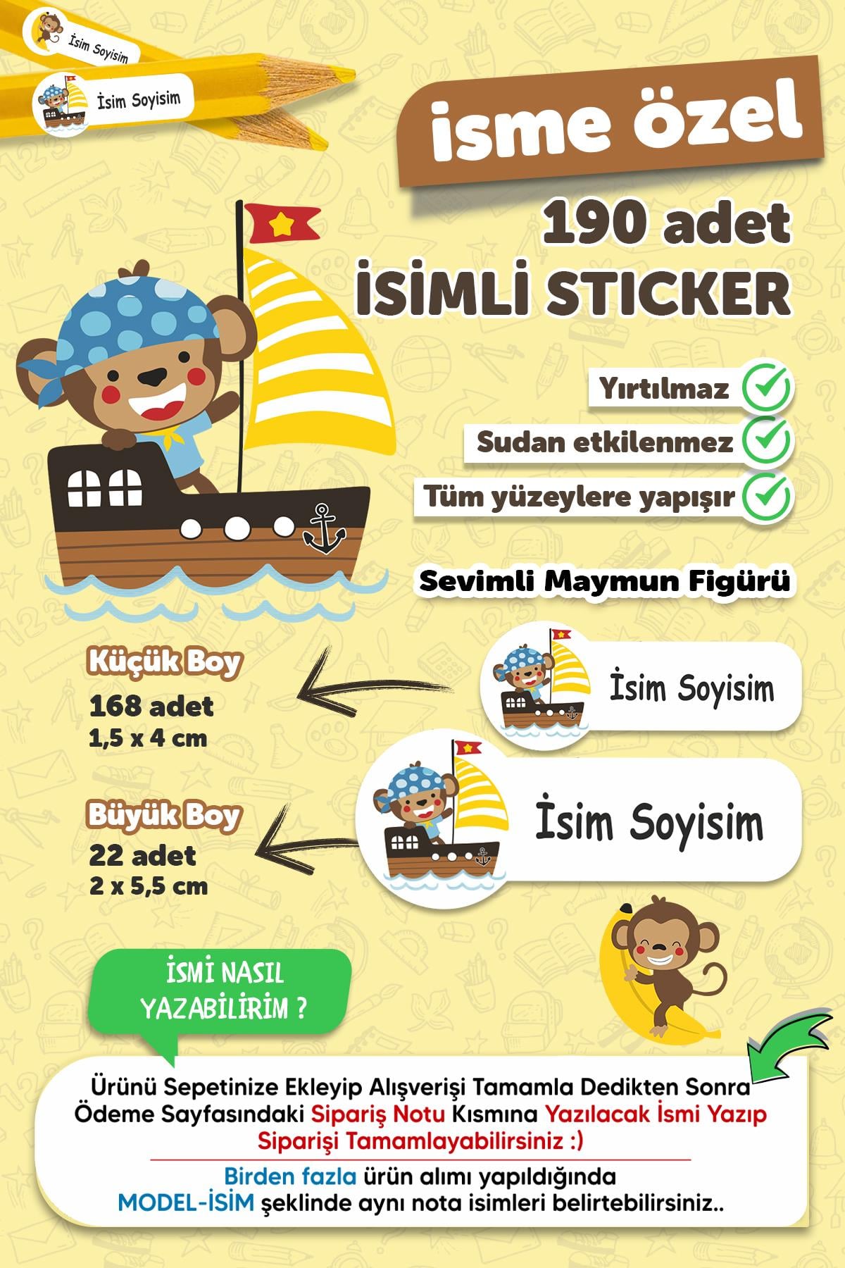 Okul Etiketi Kalem Defter Etiketi Sevimli Maymun Temalı Özel Isim Yazılabilen Etiket - 190 Adet