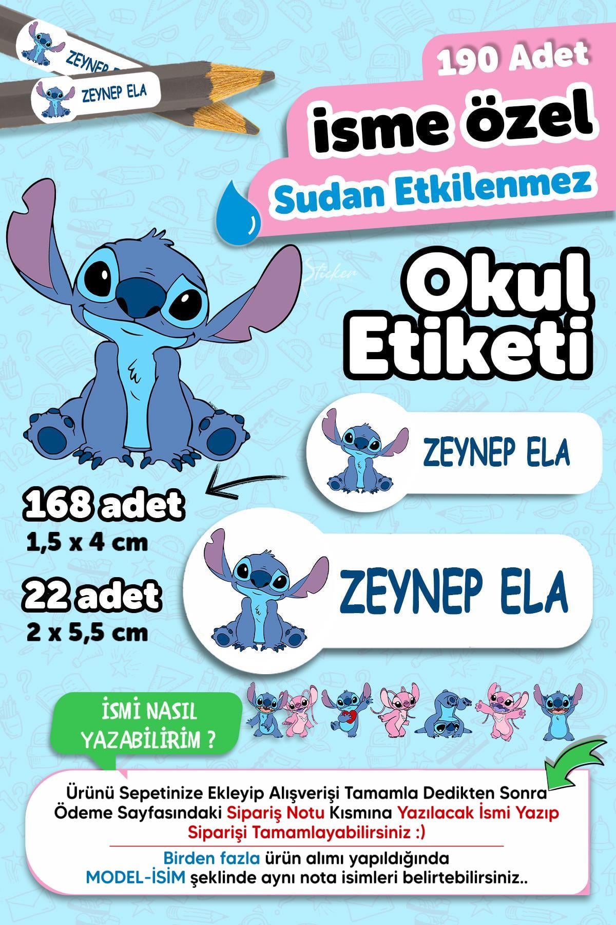Okul Etiketi Kalem Defter isimli Etiket Isim Yazılabilen Stitch - 190 Adet Özel Yeni Tasarım
