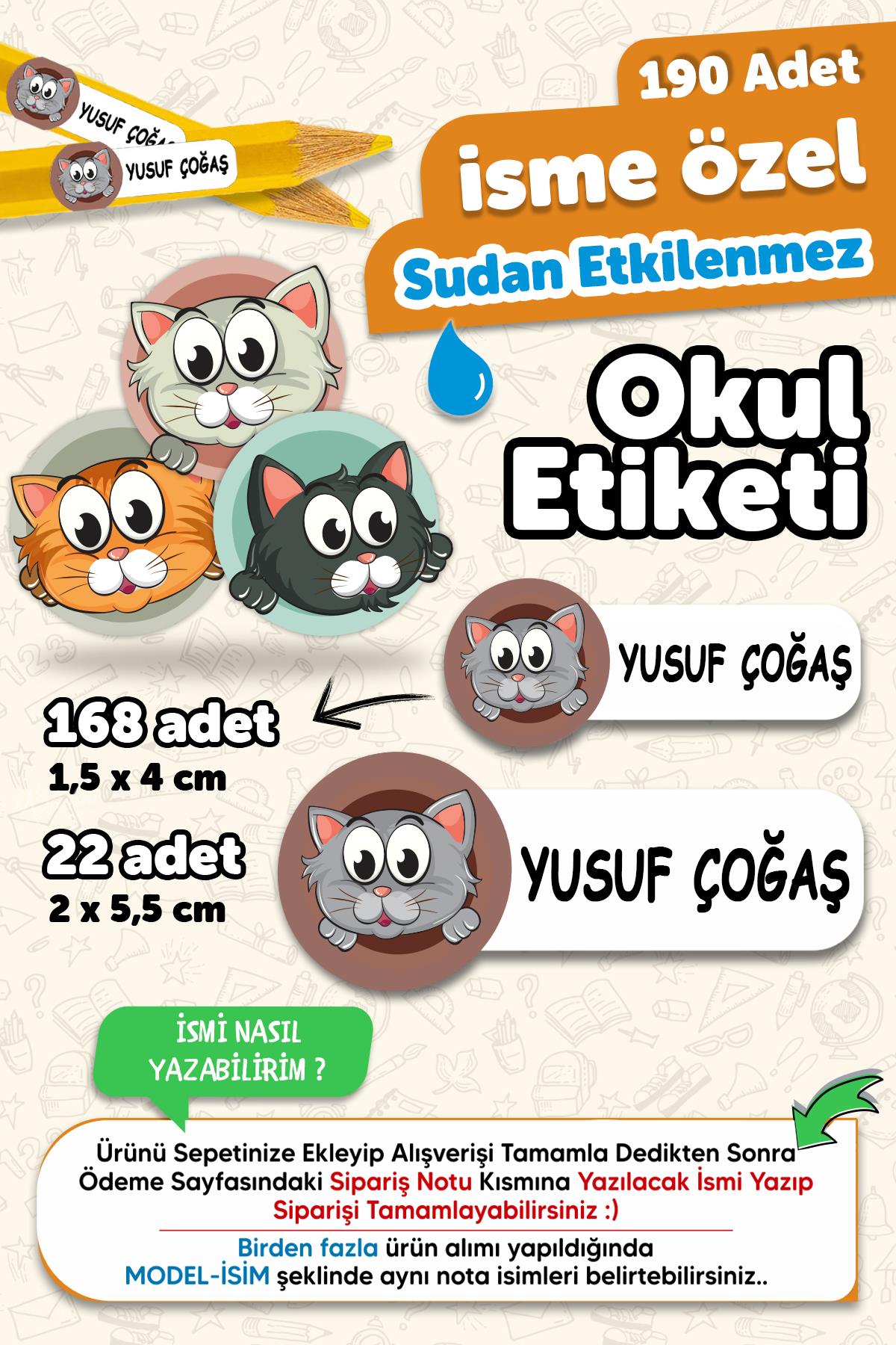Okul Etiketi Kalem Defter isimli Etiket Isim Yazılabilen Kedi Temalı - 190 Adet Özel Yeni Tasarım