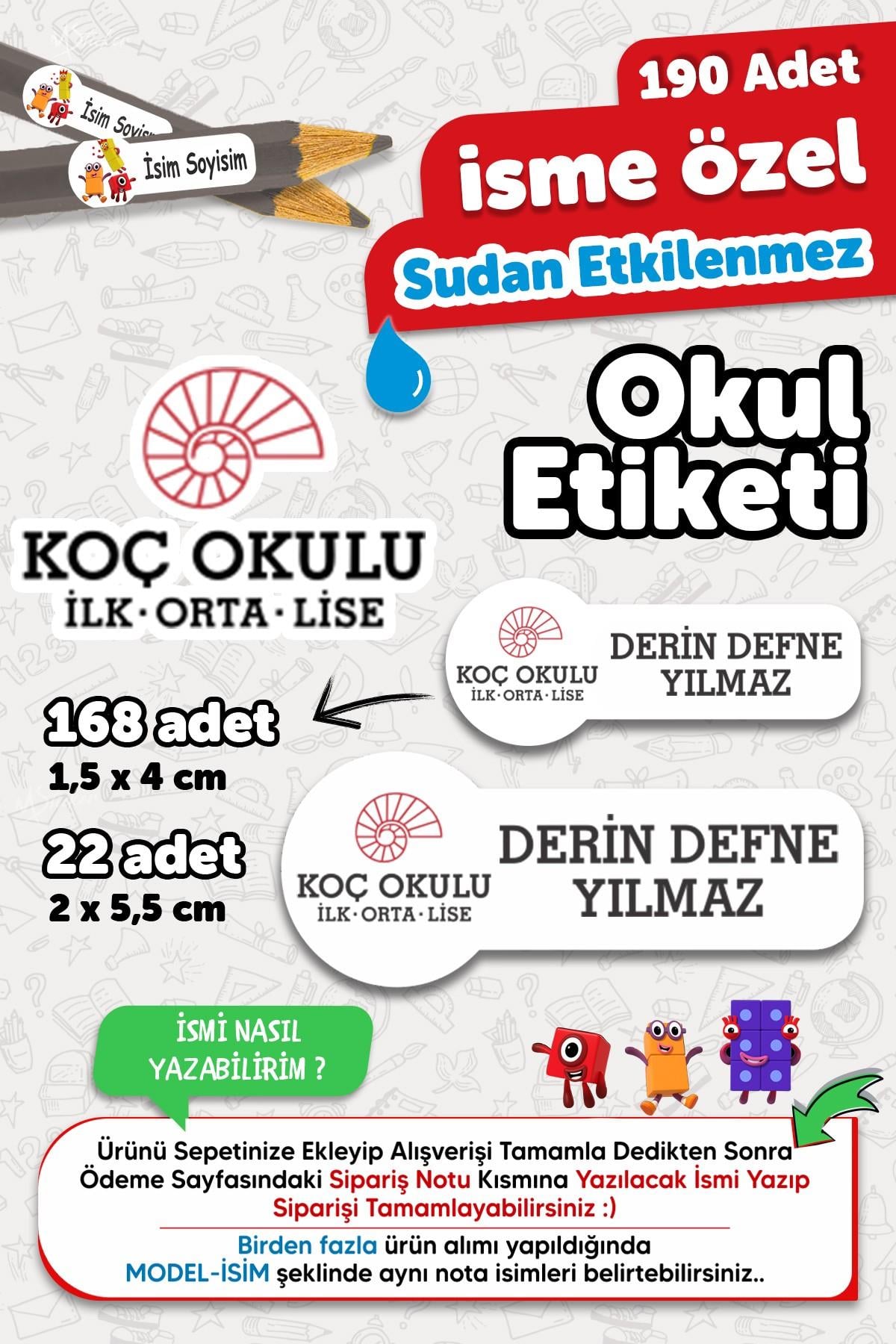 Okul Etiketi Kalem Defter isimli Etiket Isim Yazılabilen Koç Okululları - 190 Adet Özel Tasarım