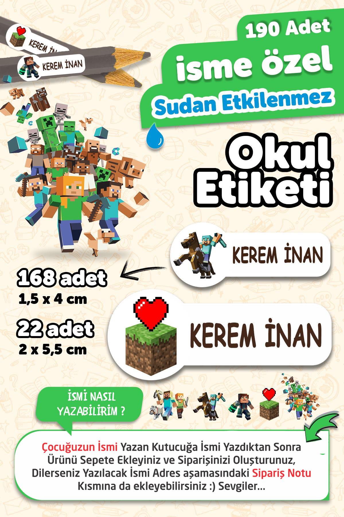 Okul Etiketi Kalem Defter isimli Etiket Isim Yazılabilen Minecraft - 190 Adet Özel Yeni Tasarım