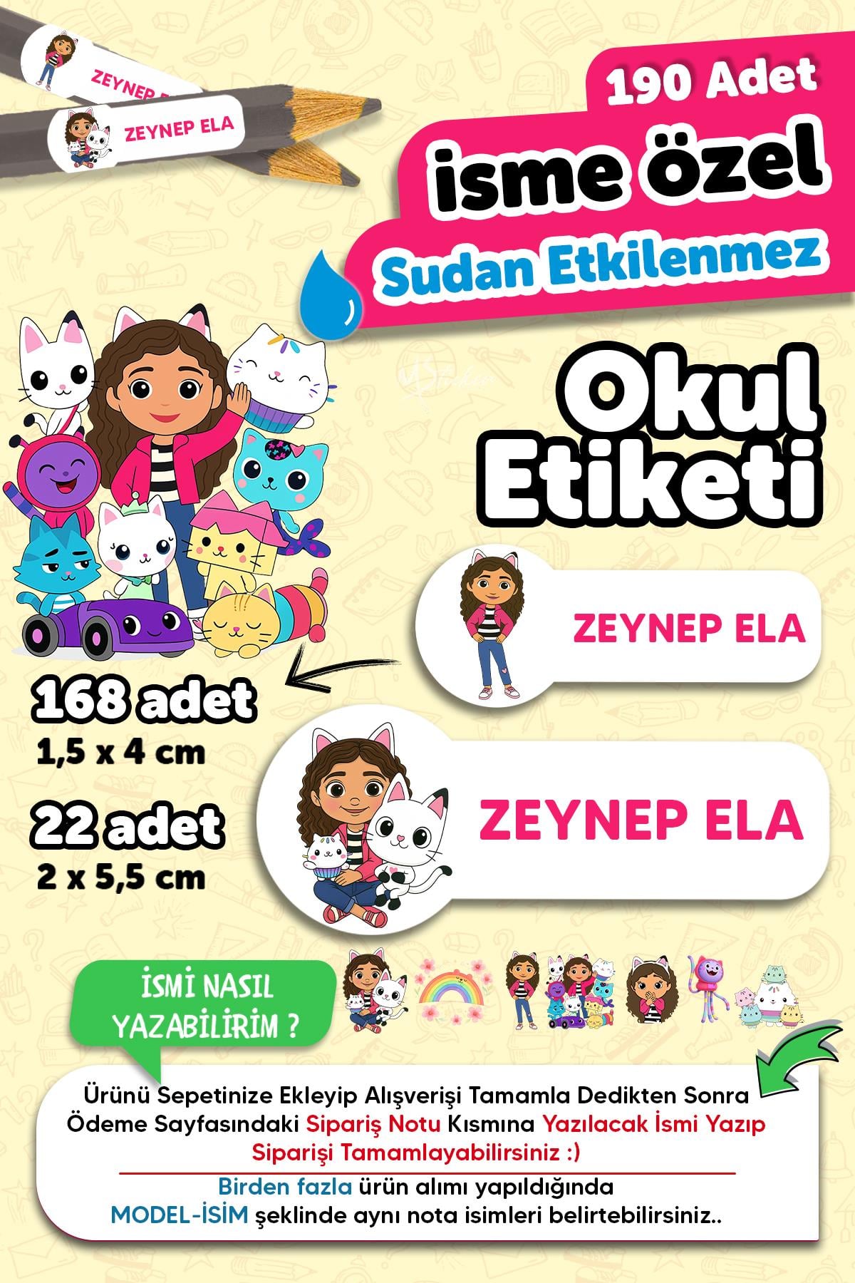 Okul Etiketi Kalem Defter isimli Etiket Isim Yazılabilen Gabbye - 190 Adet Özel Tasarım Etiket
