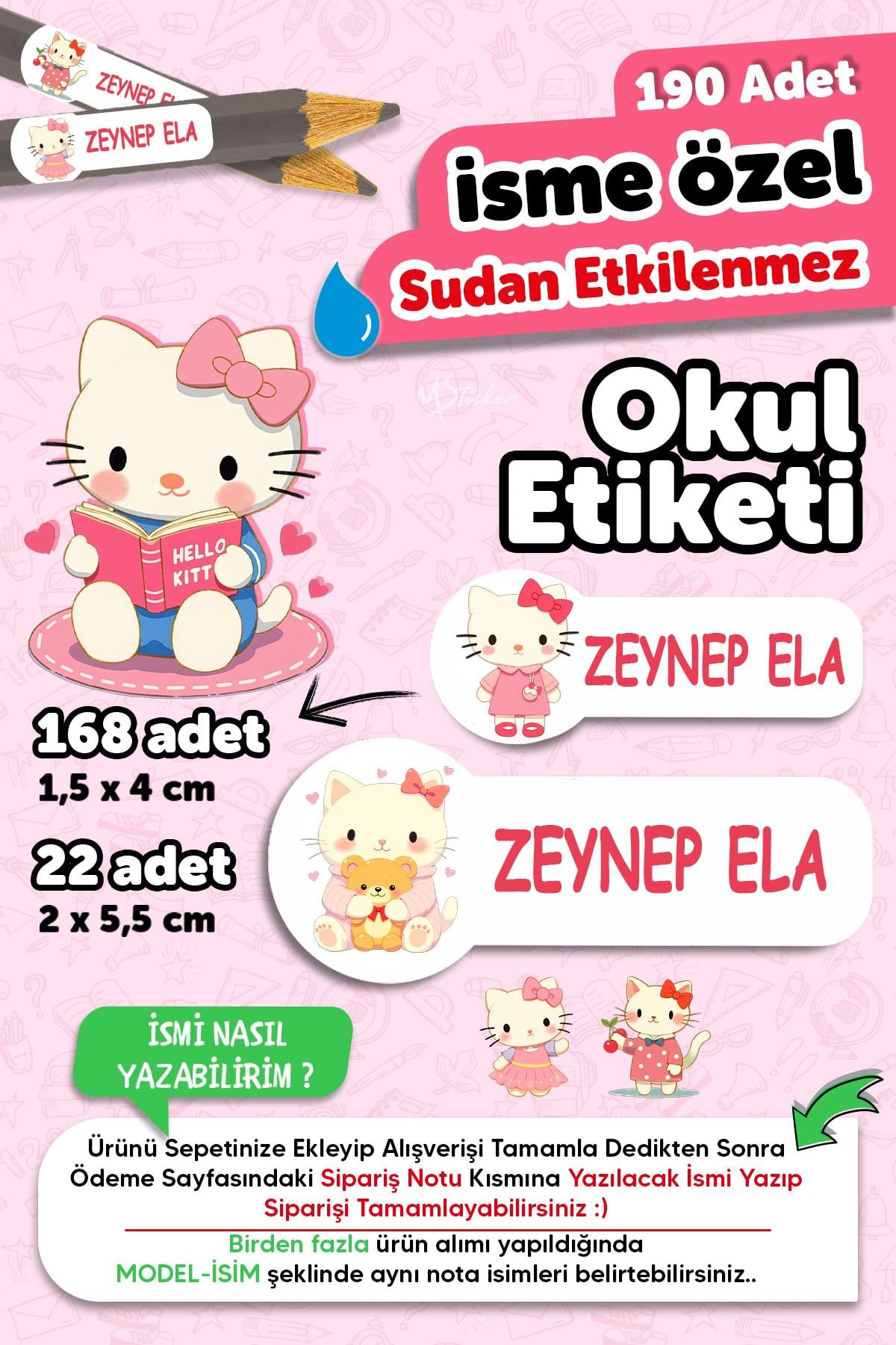 Okul Etiketi Kalem Defter isimli Etiket Isim Yazılabilen Hello Kety - 190 Adet Özel Tasarım