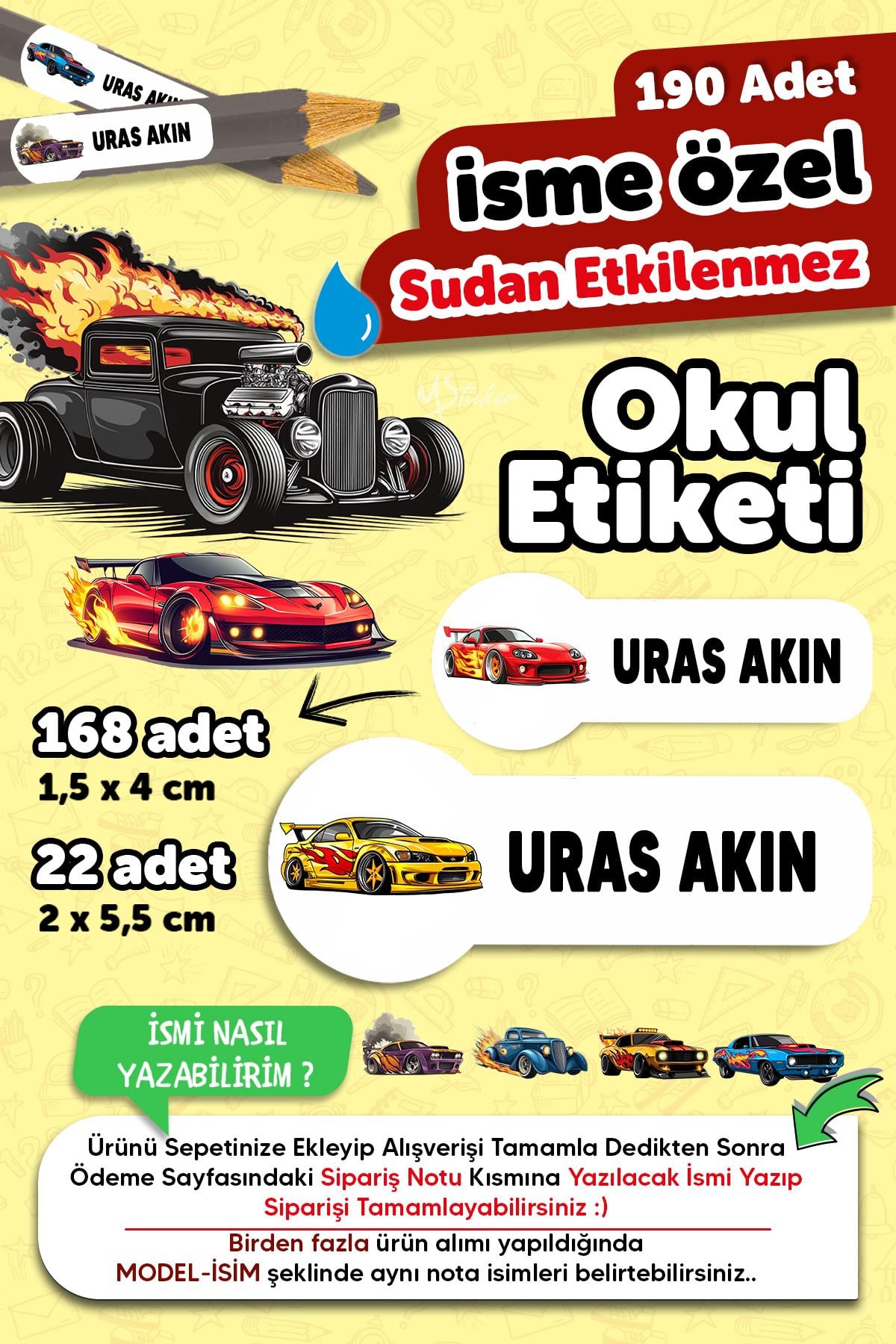 Okul Etiketi Kalem Defter isimli Etiket Isim Yazılabilen Hot Wheels - 190 Adet Özel Tasarım Etiket