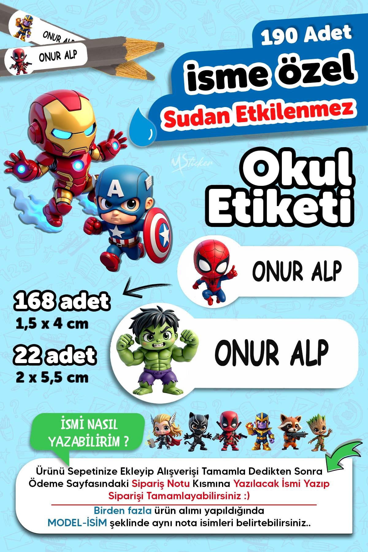 Okul Etiketi Kalem Defter isimli Etiket Isim Yazılabilen Marvel - 190 Adet Özel Tasarım