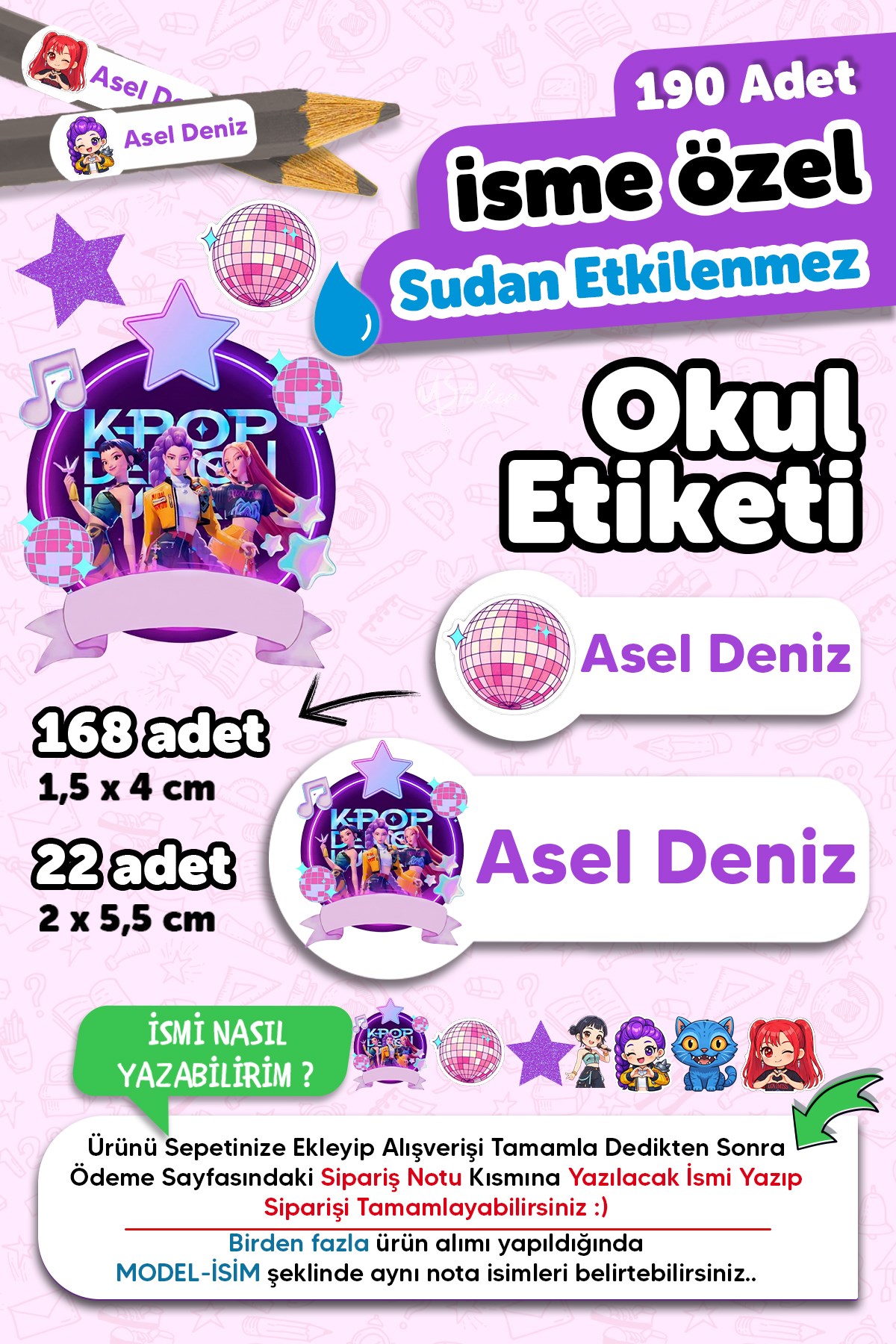 Okul Etiketi Kalem Defter isimli Etiket Isim Yazılabilen K Pop - 190 Adet Özel Tasarım Etiket