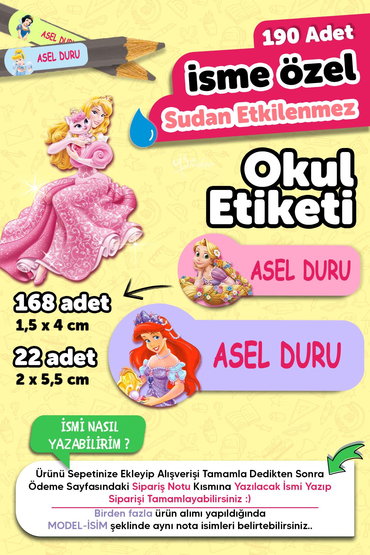 Okul Etiketi Kalem Defter isimli Etiket Isim Yazılabilen Prenses Temalı - 190 Adet Özel Tasarım