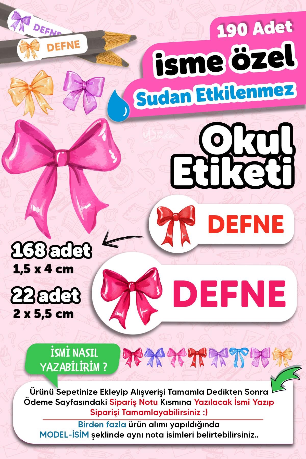 Okul Etiketi Kalem Defter isimli Etiket Isim Yazılabilen Fiyonklu Set - 190 Adet Özel Tasarım Etiket