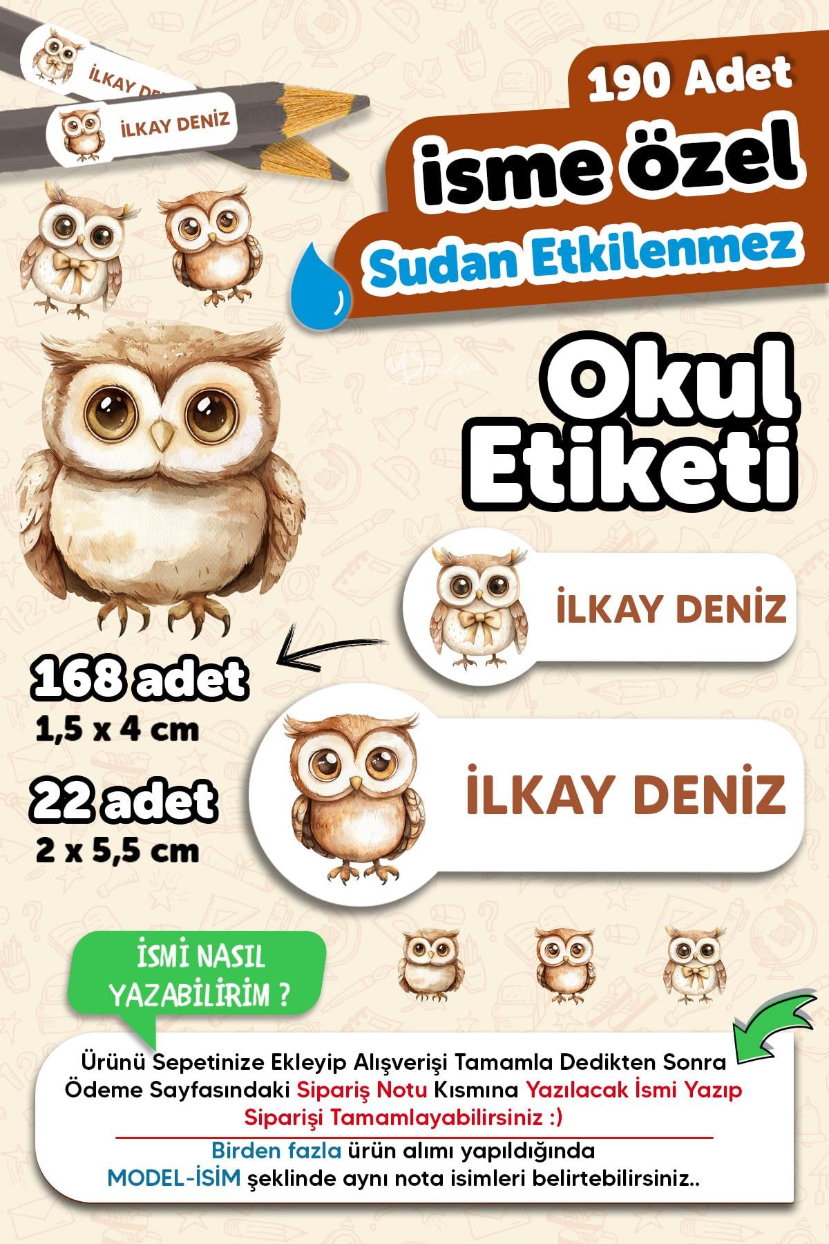 Okul Etiketi Kalem Defter isimli Etiket Isim Yazılabilen Baykuş - 190 Adet Özel Tasarım Etiket