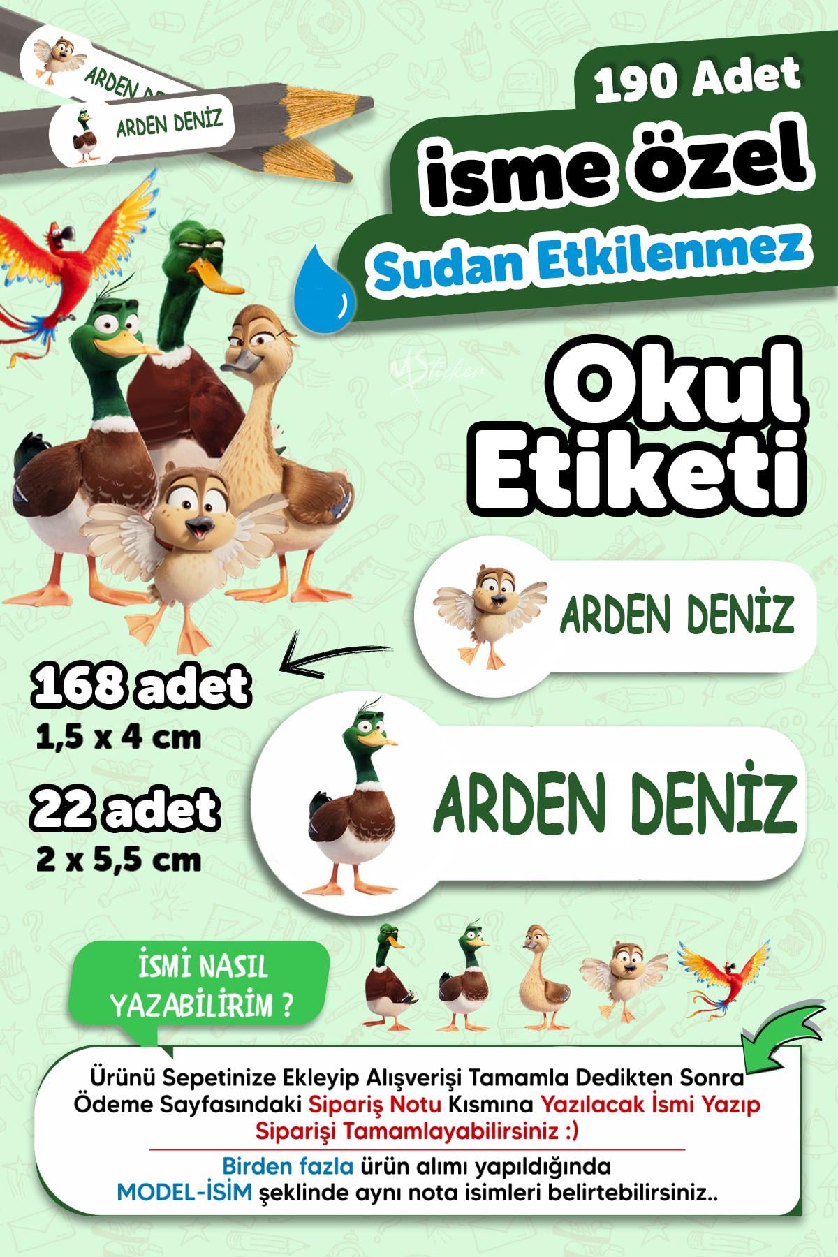 Okul Etiketi Kalem Defter isimli Etiket Isim Yazılabilen Ördeklerin Göçü - 190 Adet Özel Yeni Tasarım