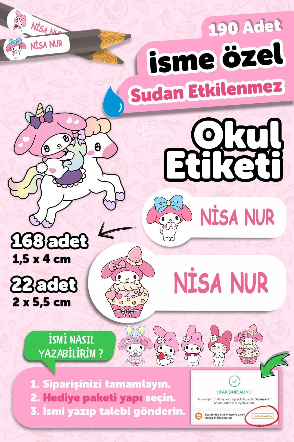 Okul Etiketi Kalem Defter isimli Etiket Isim Yazılabilen My Melody - 190 Adet Özel Tasarım Etiket