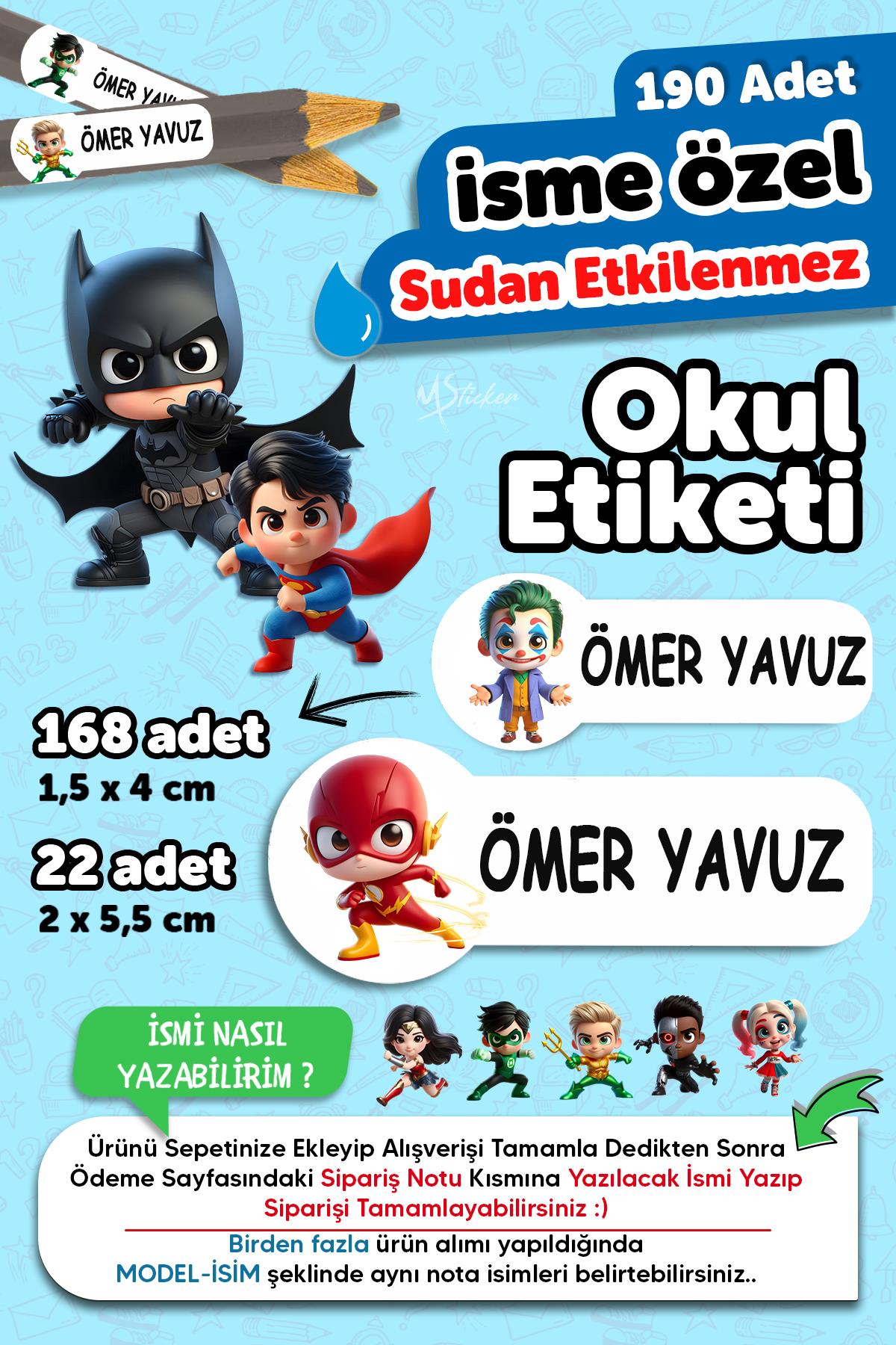 Okul Etiketi Kalem Defter isimli Etiket Isim Yazılabilen DC Karakter - 190 Adet Özel Tasarım