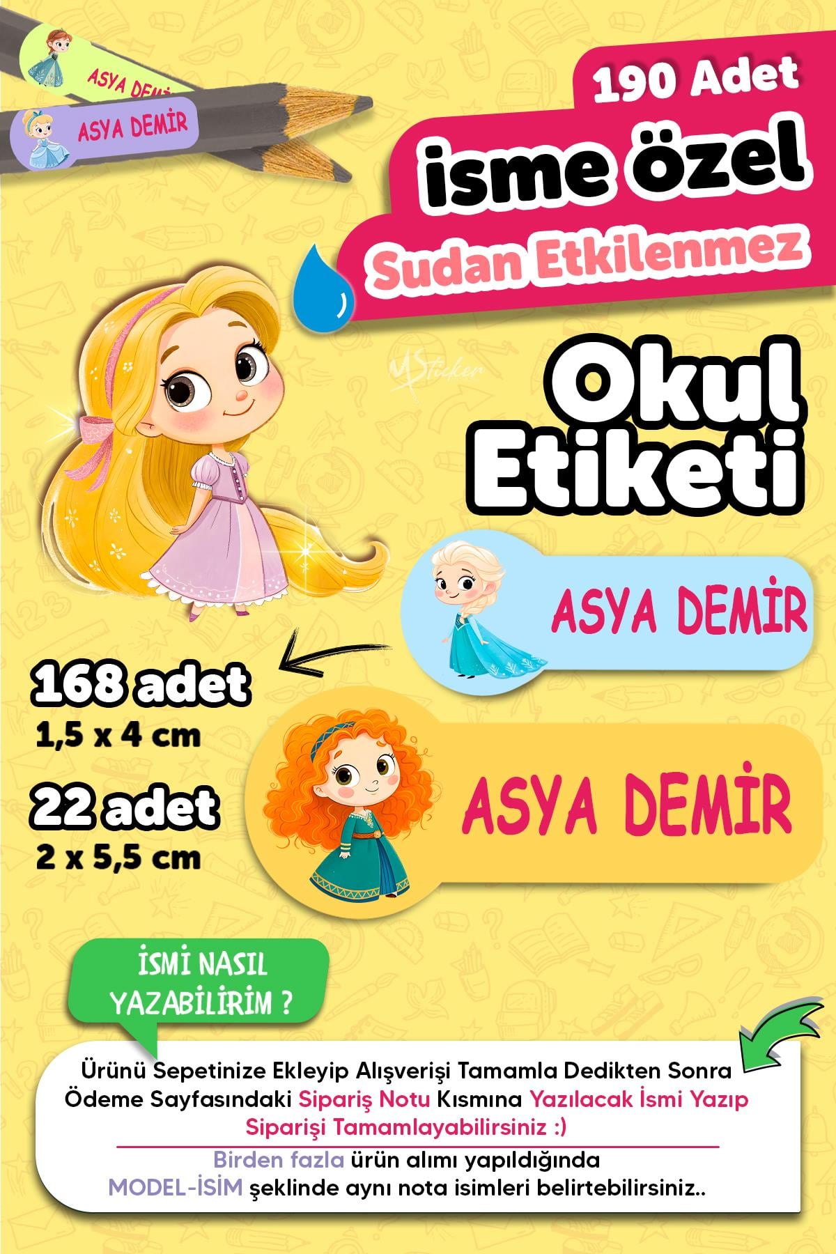 Okul Etiketi Kalem Defter isimli Etiket Isim Yazılabilen Sevimli Prensesler - 190 Adet Özel Tasarım