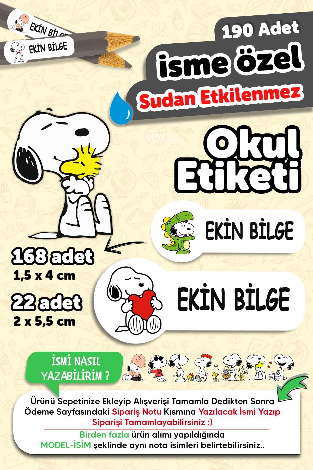 Okul Etiketi Kalem Defter isimli Etiket Isim Yazılabilen Snopy - 190 Adet Özel Tasarım Etiket