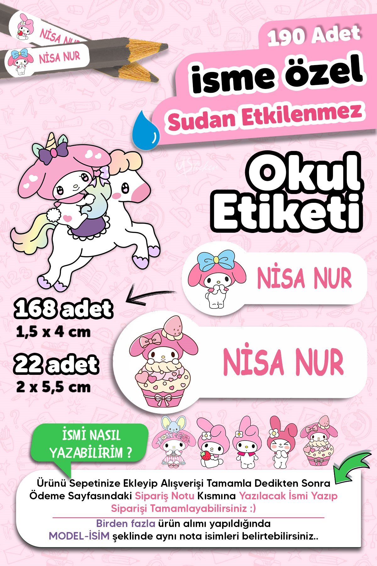 Okul Etiketi Kalem Defter isimli Etiket Isim Yazılabilen My Melody - 190 Adet Özel Tasarım Etiket