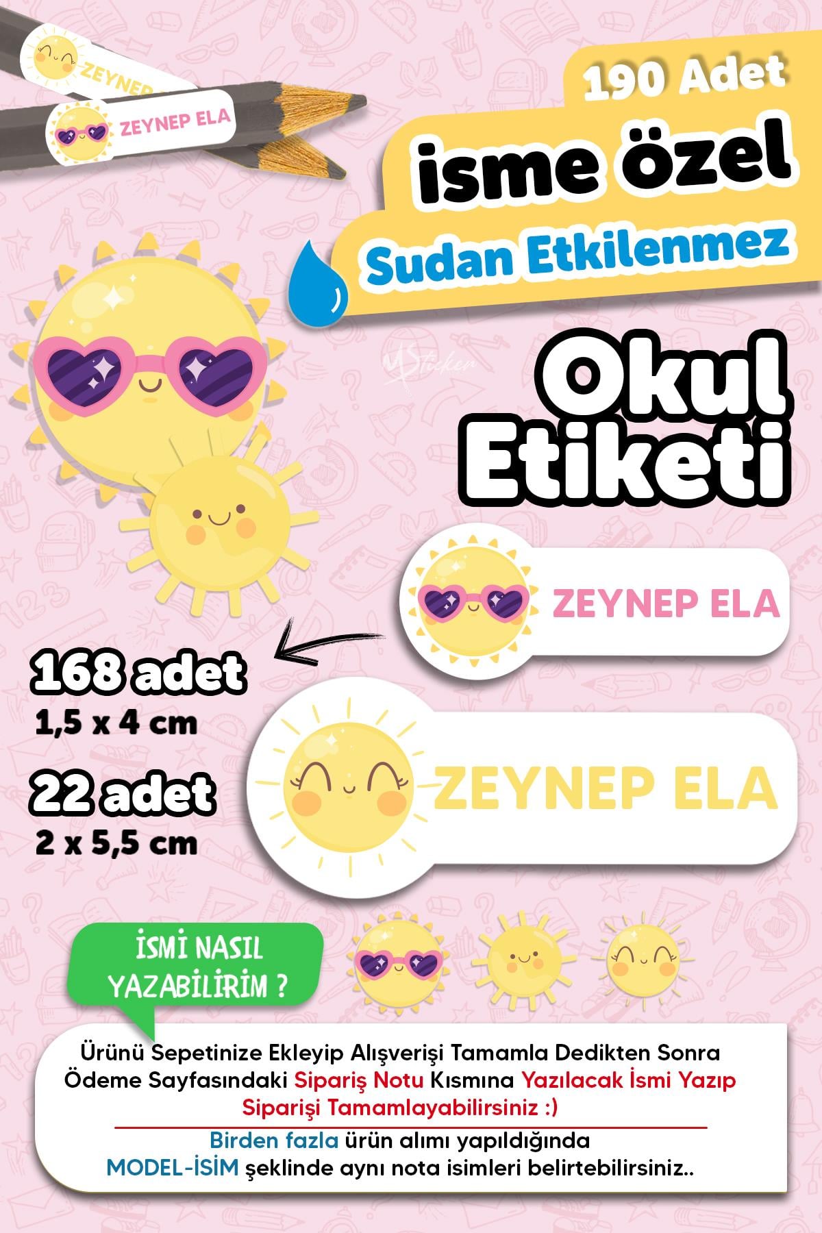 Okul Etiketi Kalem Defter isimli Etiket Isim Yazılabilen Güneş Temalı - 190 Adet Özel Tasarım