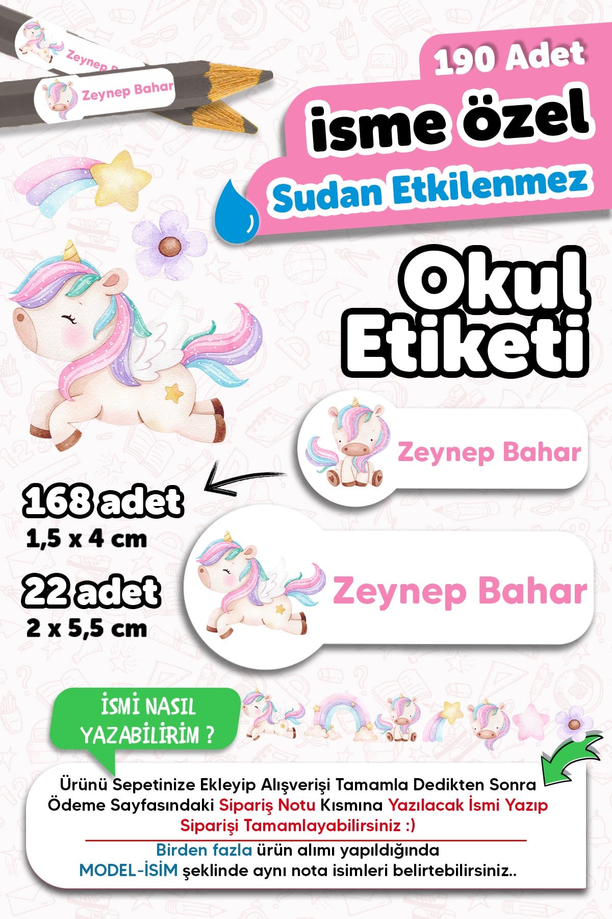 Okul Etiketi Kalem Defter isimli Etiket Isim Yazılabilen Unicorn - 190 Adet Özel Tasarım Etiket