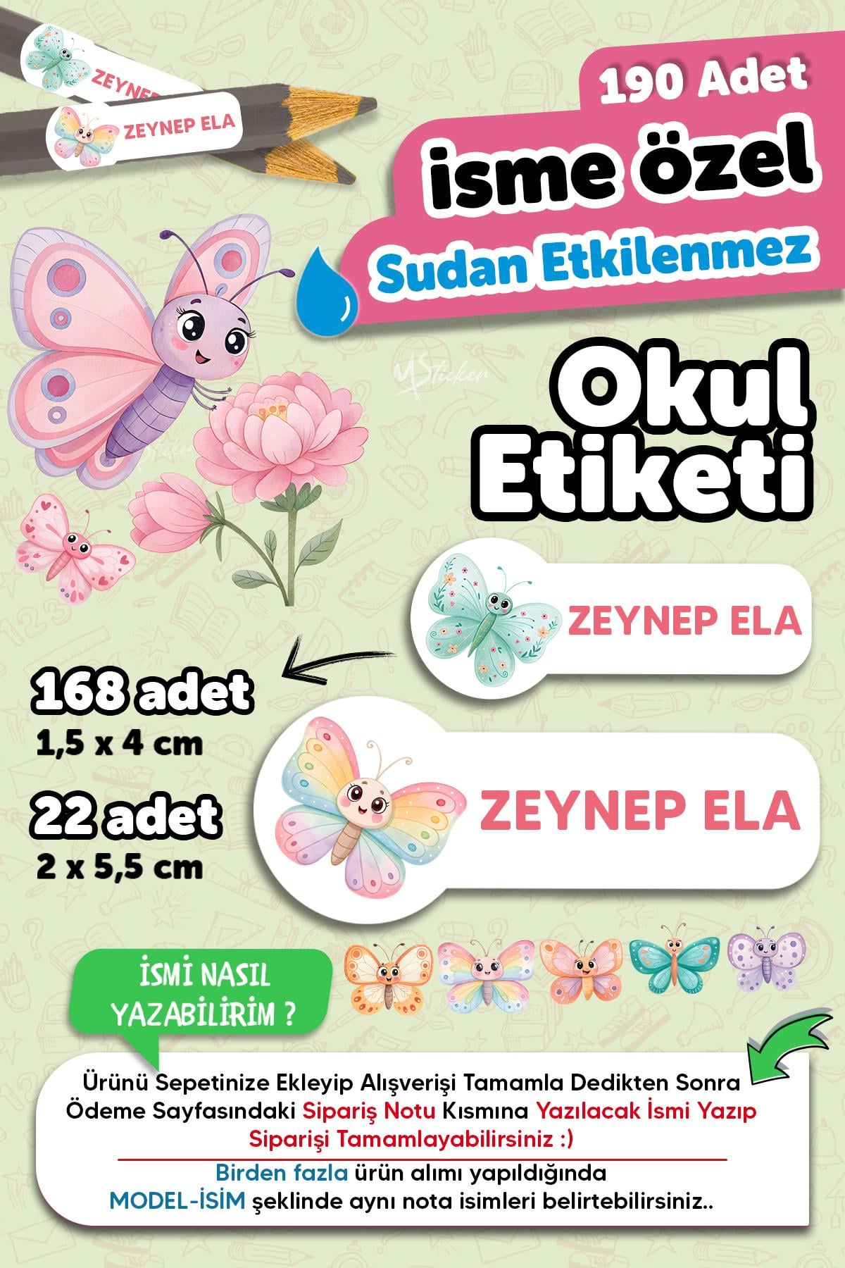 Okul Etiketi Kalem Defter isimli Etiket Isim Yazılabilen Kelebekli - 190 Adet Özel Tasarım
