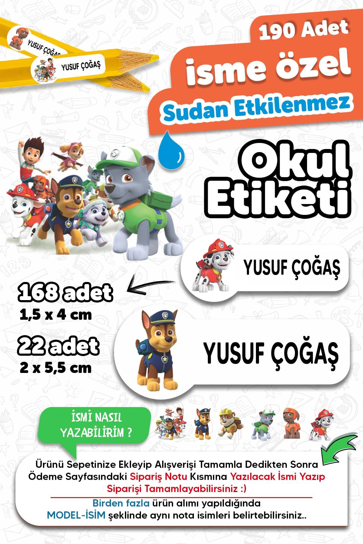 Okul Etiketi Kalem Defter isimli Etiket Isim Yazılabilen Paw Petrol - 190 Adet Özel Tasarım Etiket