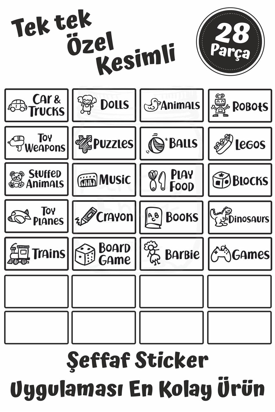 Oyuncak Kutusu Sticker-Organizer Etiket-Şeffaf Baskılı 28 adet