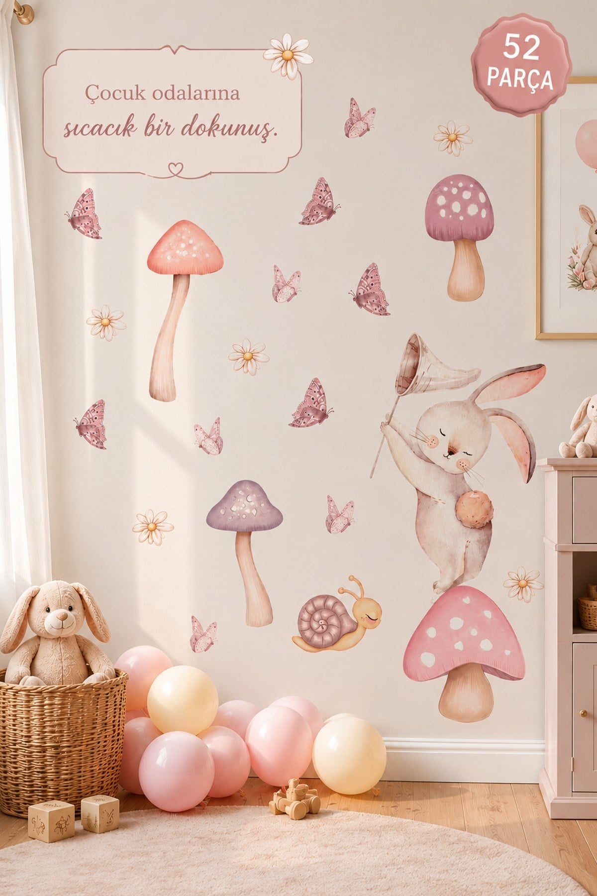 Pastel Sevimli Tavşan Duvar Sticker Seti 52 Parça | Mantar, Kelebek ve Papatya Çocuk Odası Stickerı