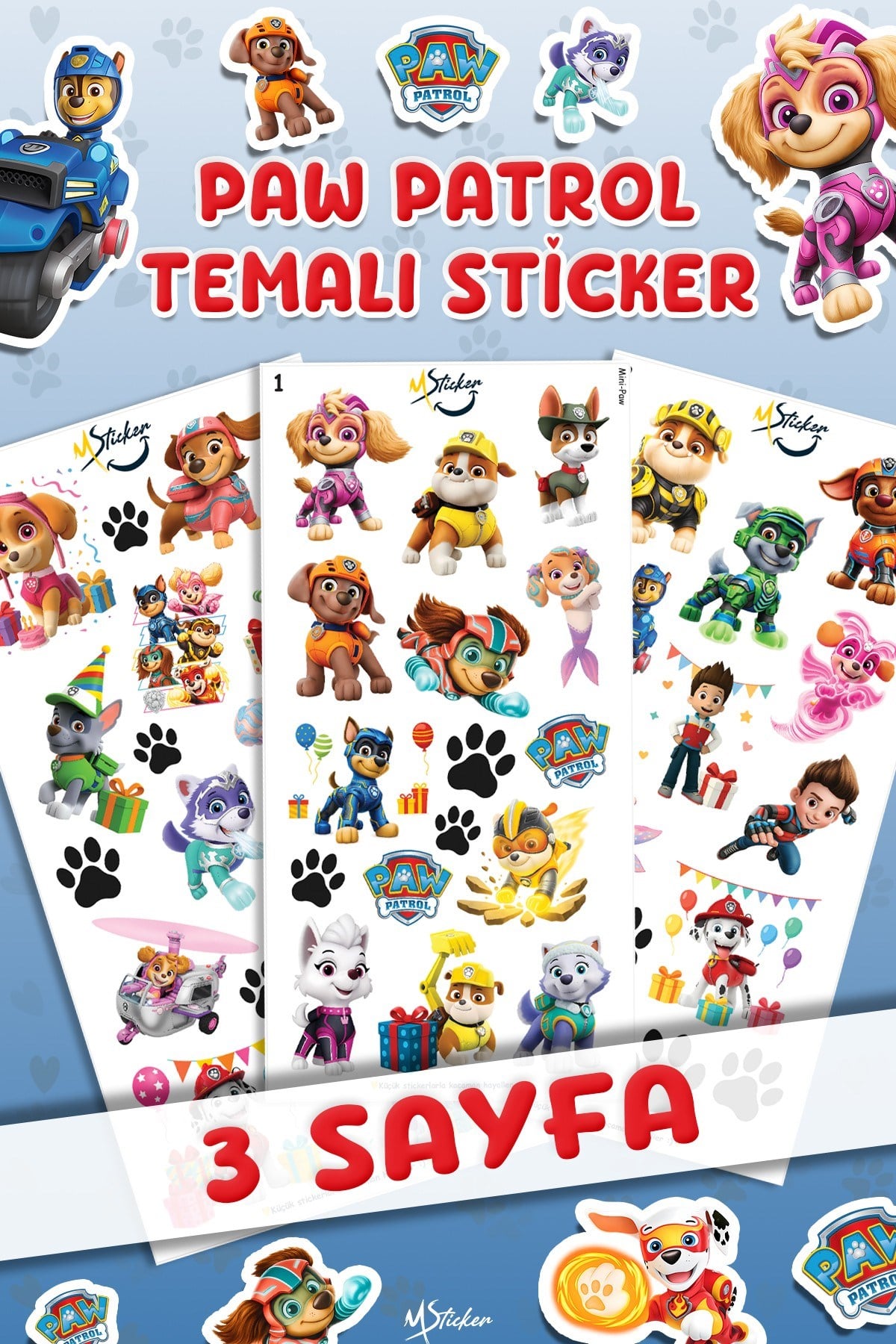 PawPetrol Sticker Seti - Kalem Suluk Defter Cam Masa Laptop Tablet Sticker Suya Dayanıklı, Mini Stic