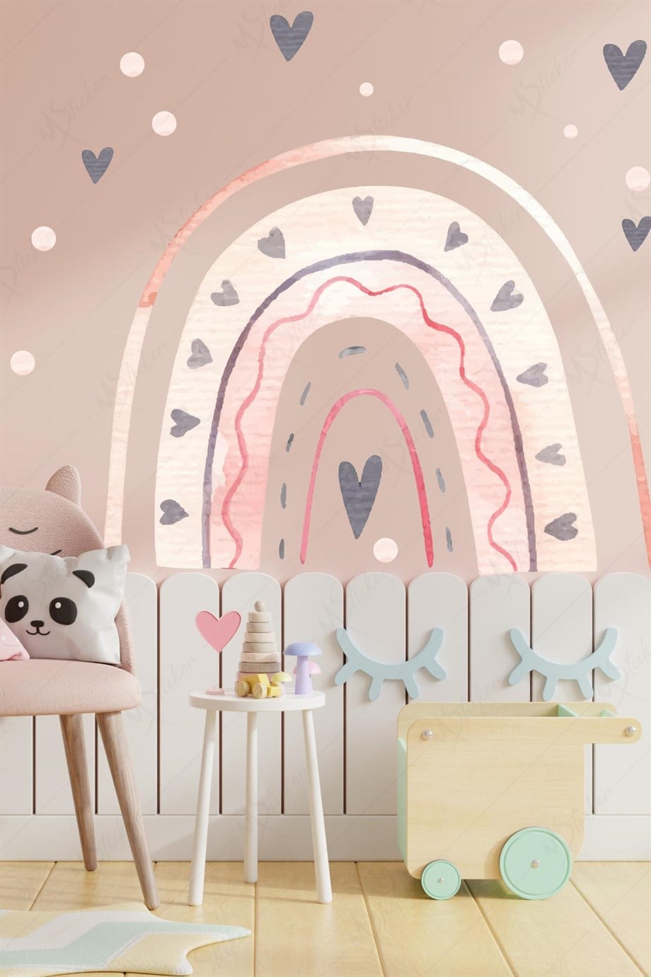 Pembe Tonlarda Gökkuşağı ve Gri Kalpler Çocuk Bebek Odası Dekorasyon Sticker Seti