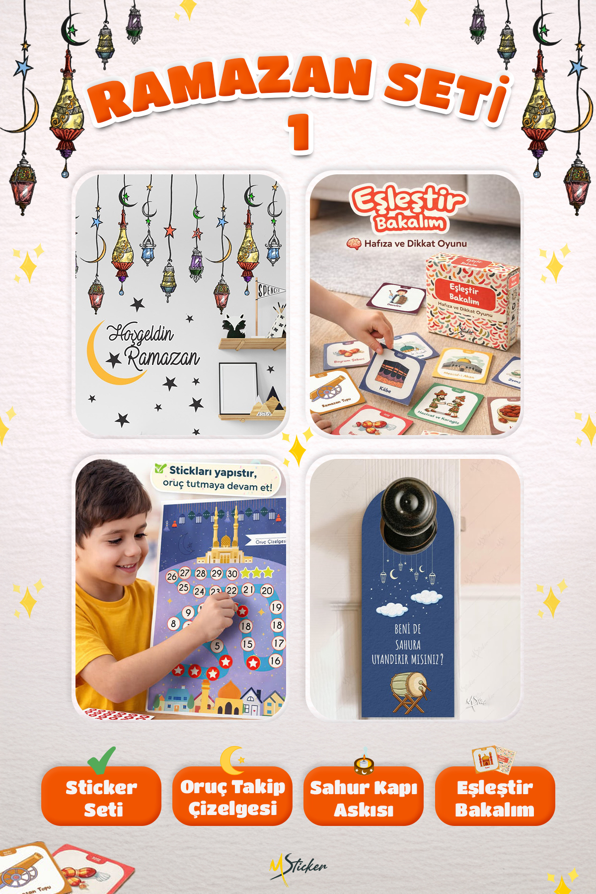 Ramazan Ayı Sticker Oyun ve Etkinlik Seti, 4 Lü Set Çocuklar için Ramazan Süsleme ve Etkinlik