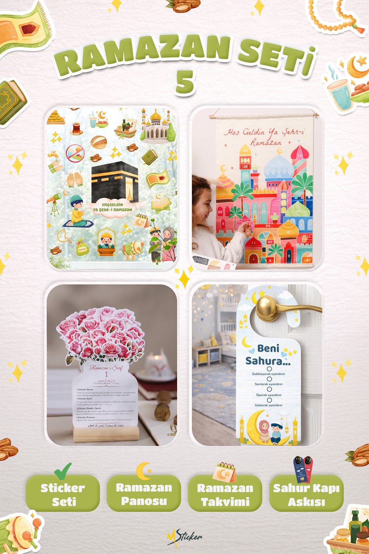 Ramazan Ayı Sticker Oyun ve Etkinlik Seti, 4 lü set Çocuklar için Ramazan Süsleme ve Etkinlik Seti5