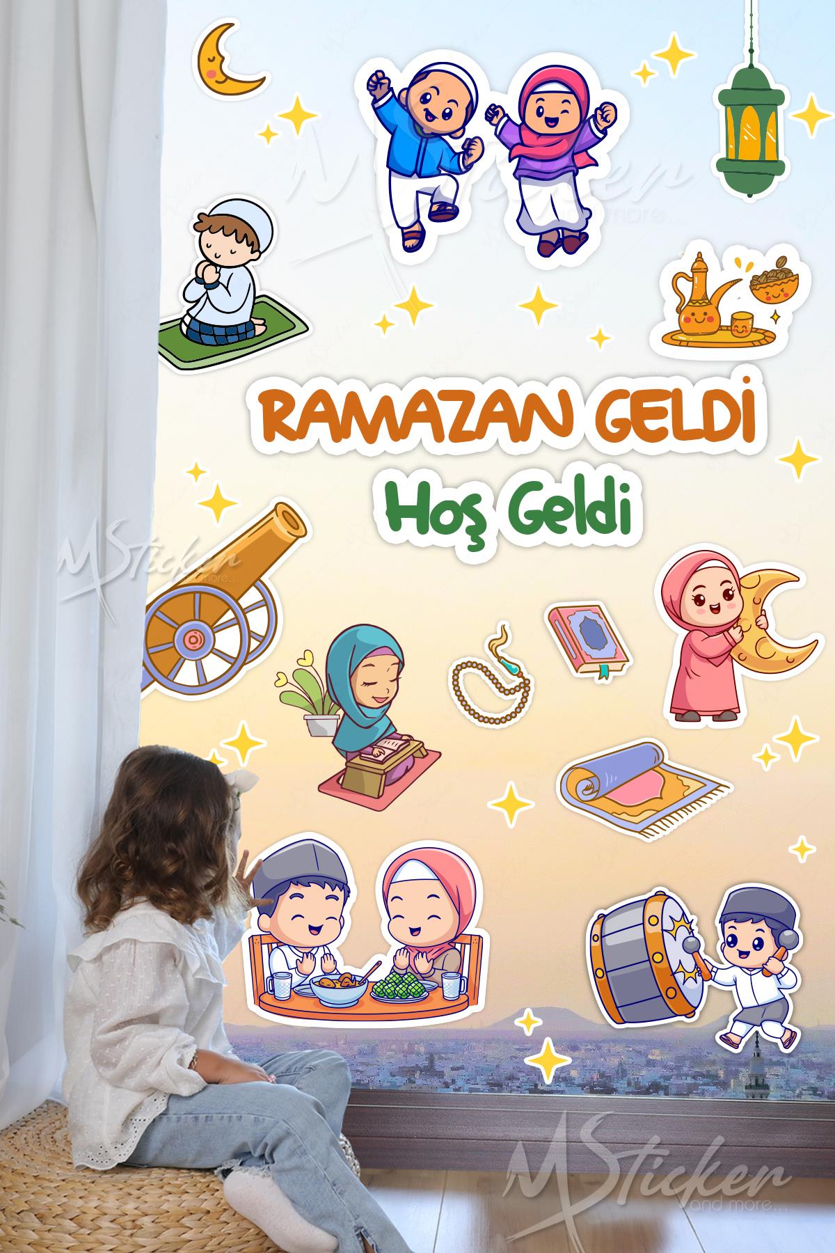 Ramazan Geldi Hoş Geldi Cam Duvar Sticker Seti, Ramazanı Coşkuyla Karşılayan Çocuklar Ramazan Süsü