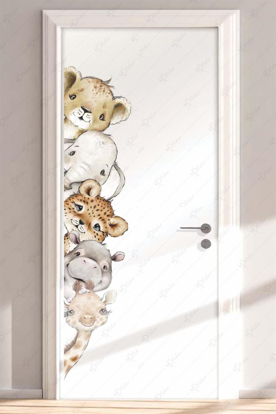 Safari Hayvanlar Temalı Kapı Sticker, Cam Duvar Dolap Bebek Odası Stickerı