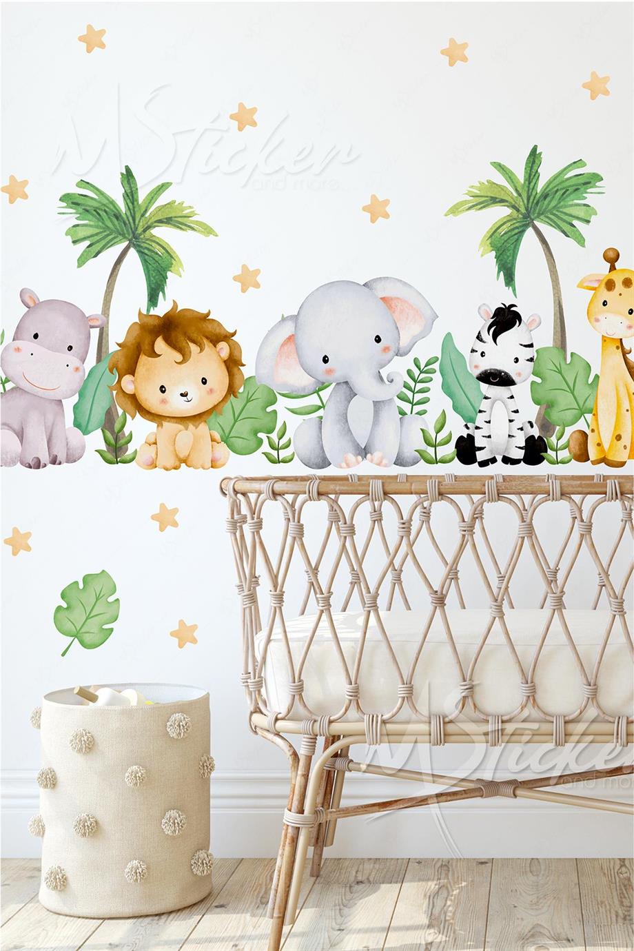 Safari Hayvanları ve Palmiye Ağaçları Çocuk Bebek Odası Duvar Cam Sticker Seti