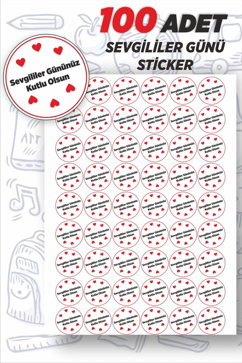 Sevgililer Günü 2 5x5 Cm 100 Adet Yuvarlak Özel Kesimli Sticker Etiket