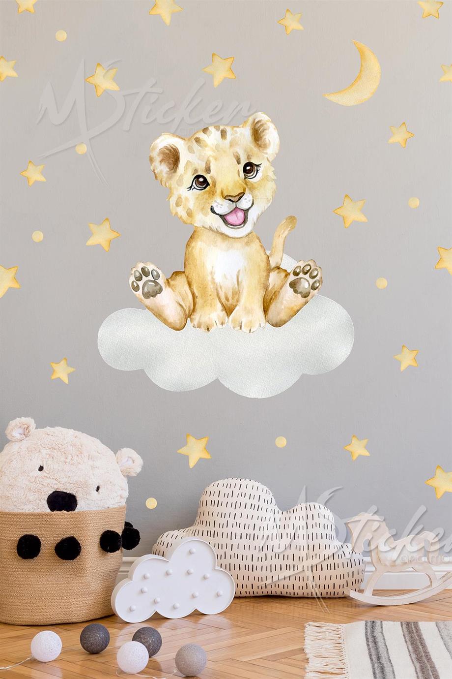 Sevimli Aslan ve Yıldızlar Çocuk Odası Duvar Cam Sticker Seti
