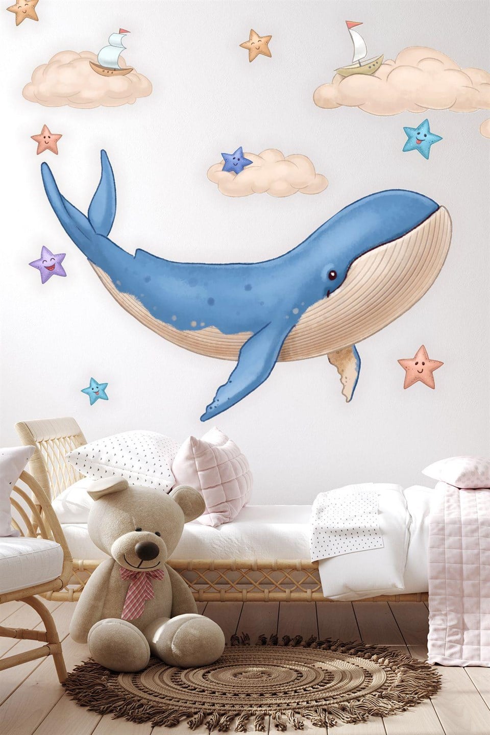 Sevimli Balina Bulutlar ve Yıldızlar Çocuk Bebek Odası Sticker Se