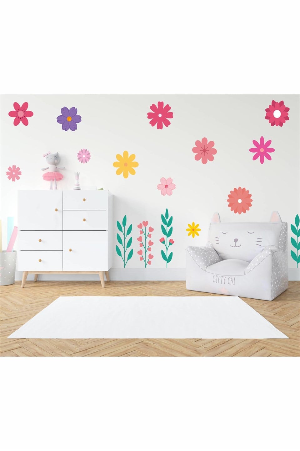 Sevimli Çiçekler Çocuk Bebek Odası Duvar Cam Sticker Seti-16 Parç