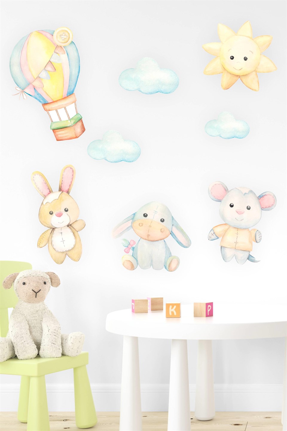 Sevimli Figürler Uçan Balon, Tavşan, Fil, Bulut Sticker Seti