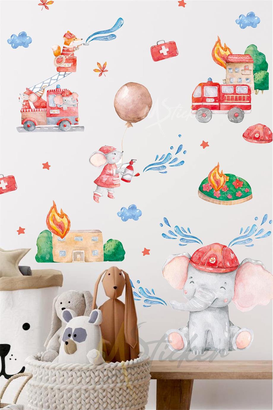 Sevimli İtfaiyeciler Çocuk Bebek Odası Cam Dolap Duvar Sticker Seti, İtfaiyeci Hayvanlar